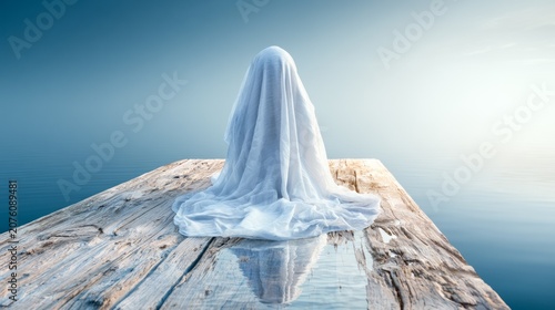 Mysterious Figure Draped in White Cloak on Wooden Pier Over Water
