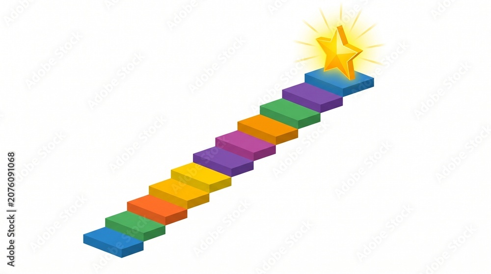 Fototapeta premium Colorful 3d staircase with star on top representing success and achievement