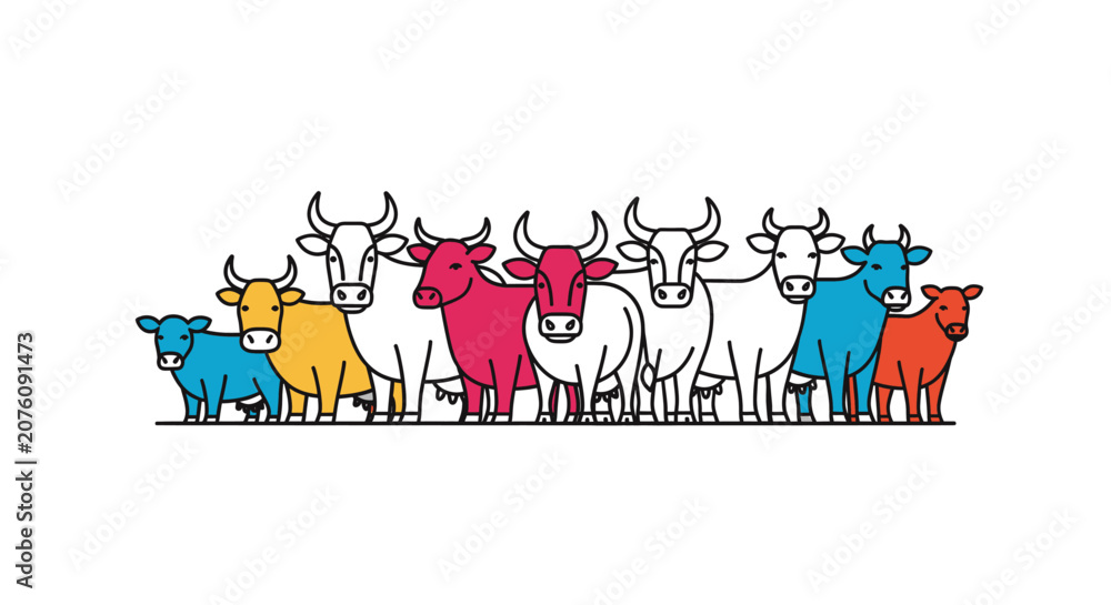 Fototapeta premium Colorful cows standing in line formation.