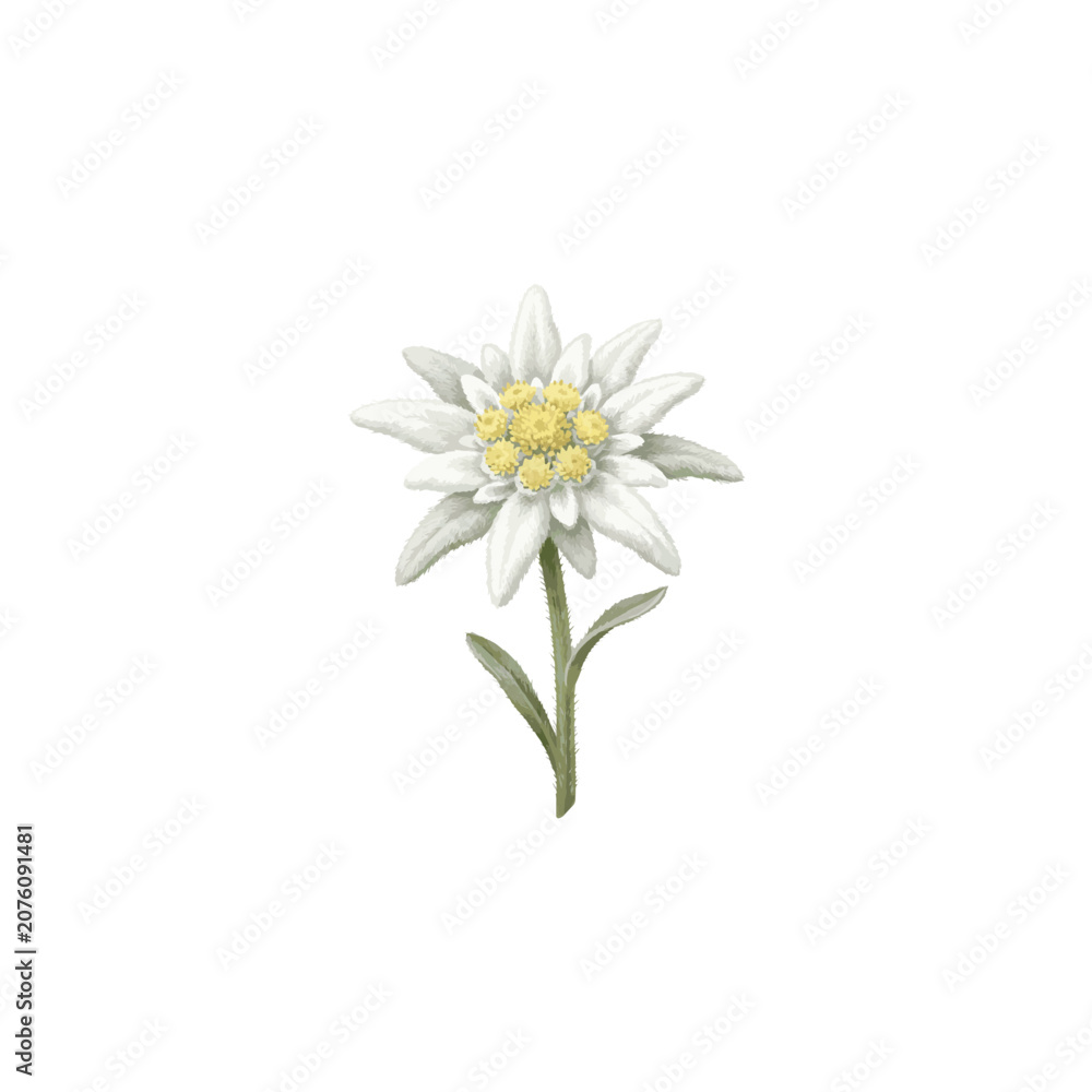 Fototapeta premium Realistic vector illustration of a Swiss Alpine Edelweiss flower with velvety white petals isolated on a white background.