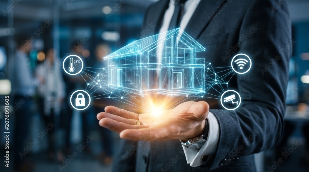 Fototapeta premium Smart Home Automation Concept with Businessman Holding Intelligent House Wireframe AI Generated