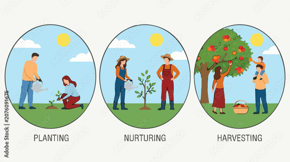 Fototapeta premium Planting, Nurturing, and Harvesting stages of agriculture and gardening