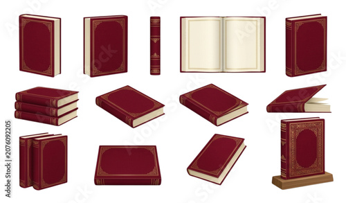 Fotografía Premium Hardcover Book Mockup Set with Blank Burgundy Covers Open Pages and Clas