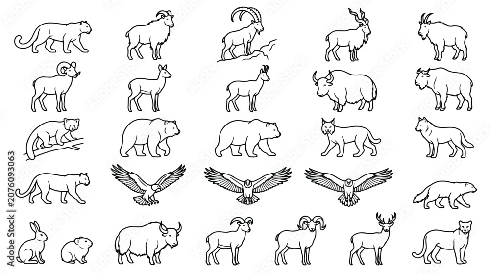 Fototapeta premium Minimalist mountain wildlife icons, set of 27 black line art animal vectors, wild fauna silhouettes for nature branding and outdoor education
