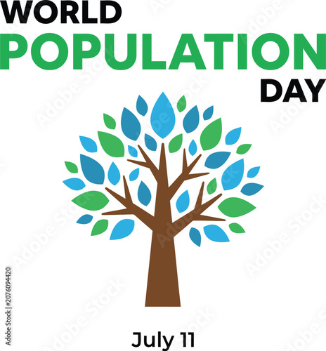 World population day awareness campaign logo with tree and colorful leaves