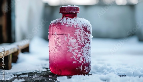 Frozen red bottle covered in snow outdoors.