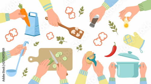 Принти на полотні Hands preparing fresh food ingredients and cooking utensils on white background