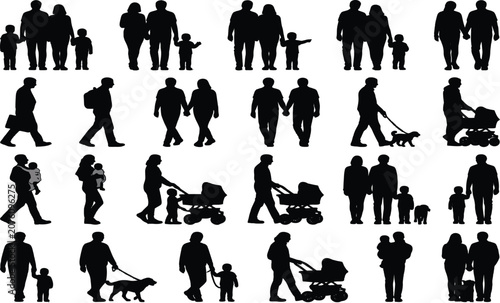 Photos Set of black silhouettes of families and people walking together with children a