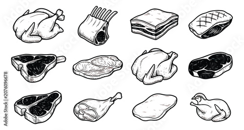 Tableau sur toile Vintage meat and poultry sketches, 12 hand-drawn butcher shop icons, rustic wood