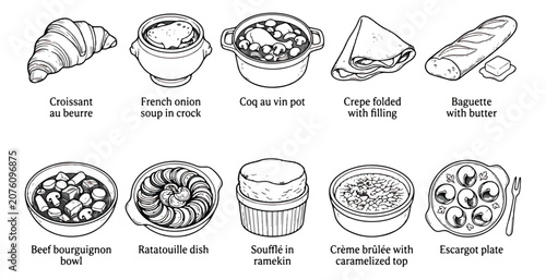 Fotografía French cuisine food icons set, hand drawn black and white line art of 10 traditi
