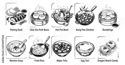 Fotografía Hand-drawn Chinese food illustrations, set of 10 black and white Asian cuisine i