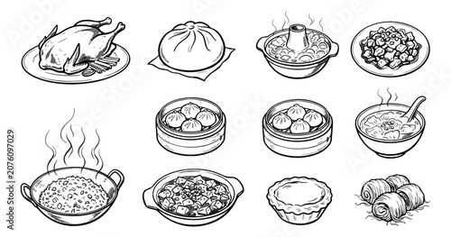 Quadro su tela Traditional Chinese food vector icons set, hand drawn dim sum and asian cuisine