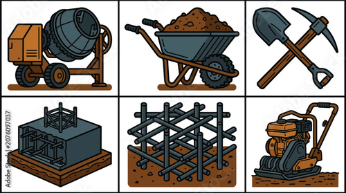 Photos Construction site icons set including concrete mixer wheelbarrow shovel pickaxe
