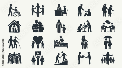 Vector icon set of social care, community, health, and family support