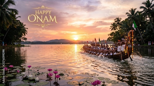 Happy Onam greeting card with a traditional snake boat race on a serene river at sunset with palm trees.