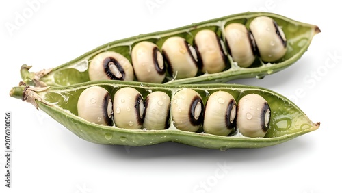 Fresh organic black eyed peas inside green pods isolated on white background.
