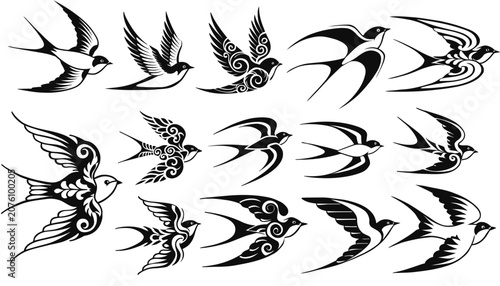 Elegant black and white swallows in flight illustration.