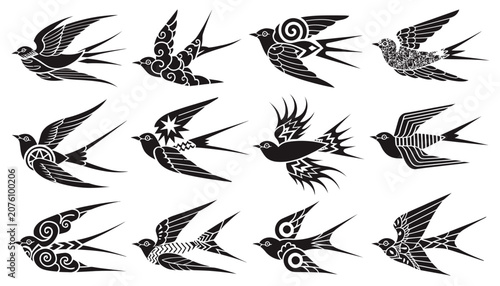 Collection of twelve stylized black and white bird silhouettes in flight.