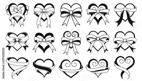 Elegant black and white heart and ribbon vector illustrations set.
