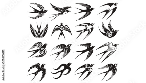 Collection of stylized black swallows in flight vector illustrations.
