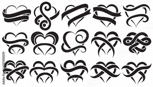 Elegant black and white decorative heart and ribbon vector illustrations.