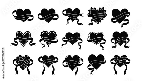 Collection of black heart icons with ribbons and swirls.