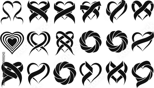 Collection of black and white heart and infinity symbol designs.