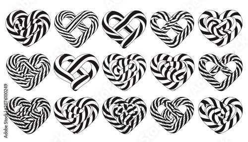 Black and white abstract heart and infinity symbol patterns.