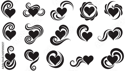 Elegant black heart swirls and flourishes vector design collection.