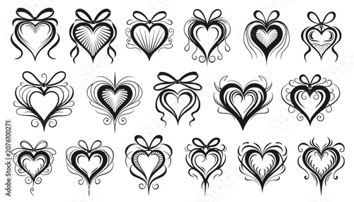 Collection of Elegant Black and White Heart Illustrations with Ribbons.