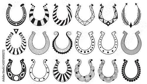 Collection of decorative horseshoe vector illustrations in black and white.