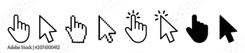 Collection of computer mouse cursor pointer icons and hand select touch symbols with internet interface technology computer navigation software pointing application interaction