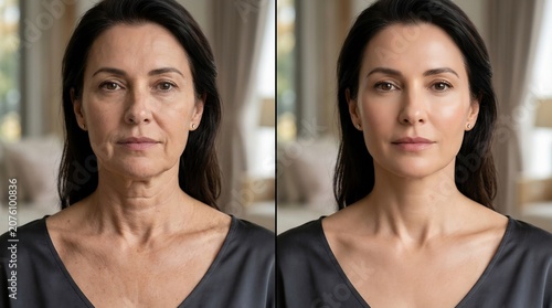 Split screen comparison of a middle-aged woman showing before and after effects of anti-aging skincare treatment on face and neck