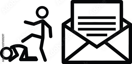 Foto Stick figure person kicking another person near an open envelope with a letter i