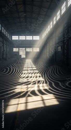 Abandoned warehouse interior, sunlight through windows, industrial shadows, empty space