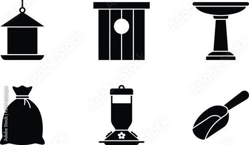 Photos Set of bird feeder and house icons simple black silhouette collection for garden