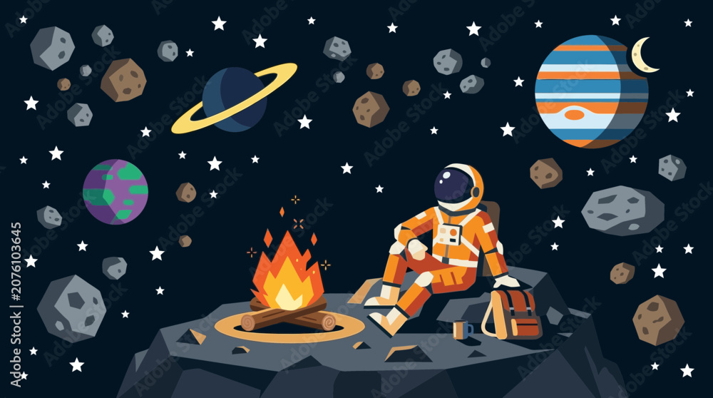 Fototapeta premium Astronaut Relaxing by a Campfire on an Asteroid in Deep Space, Whimsical Science Fiction Vector Illustration
