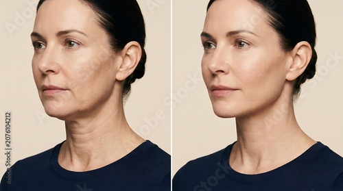 Comparison of skin laxity and tightening results on a woman's jawline and neck before and after cosmetic treatment