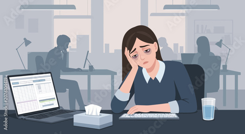 Tired Office Worker Feeling Overwhelmed at the Desk During Long Working Hours Scenario