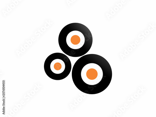 Abstract Minimalist Sushi Roll Vector Logo Icon, Three Black and Orange Circular Graphic Elements Isolated on White Background