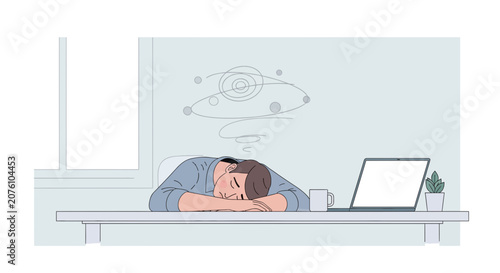 Tired Office Worker Sleeping At Desk, Dreaming, Exhausted And Overwhelmed By Work