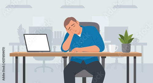 Tired Office Worker Taking a Nap at His Desk While Surrounded by Workplace Elements