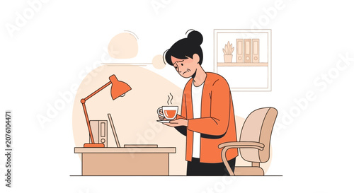 Tired Office Worker Taking Coffee Break With Thought Bubble And Expression Of Stress.