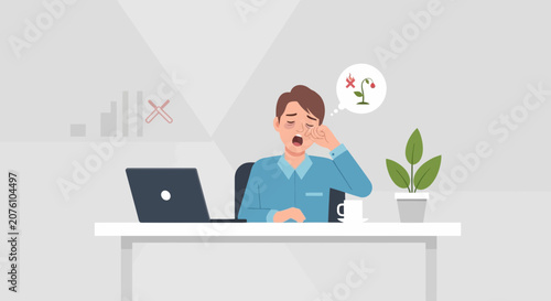 Tired Office Worker with Dead Plant Dream During Wireless Connectivity Issues
