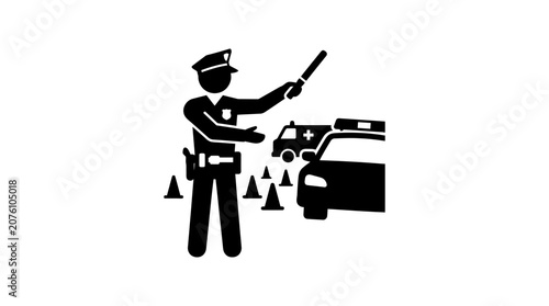 Canvas Print Police officer directs traffic with a signal baton near a parked patrol car and emergency cones to ensure public safety and orderly vehicle movement during a road incident