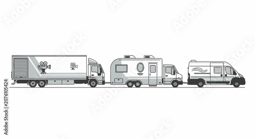Vehicles collection including truck, camper, van, and motorhome in a line for film production reference