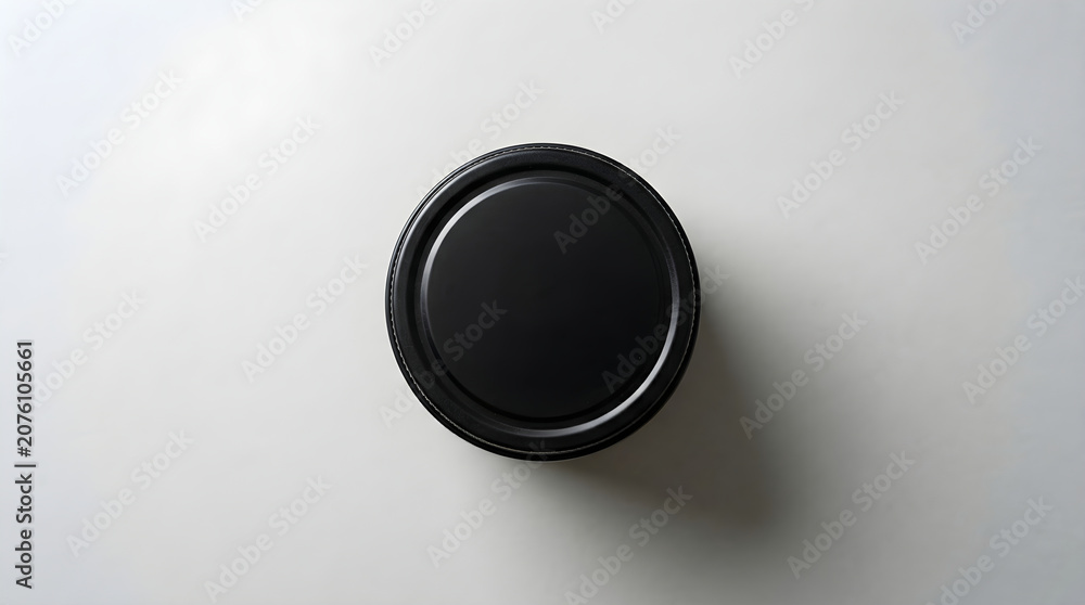 Fototapeta premium Top view of a black circular lid on a glass jar isolated on white background