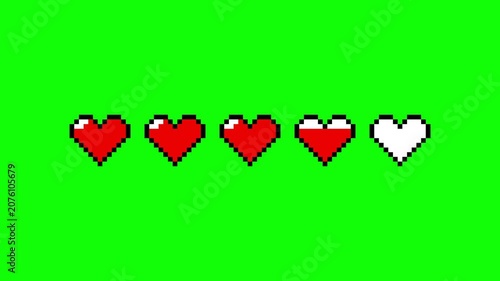 8-Bit Pixel Art Heart Life Bar Gaming Animation on Green Screen