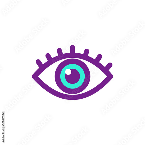 Stylized eye icon with purple lashes and blue pupil during simple design isolated on white background