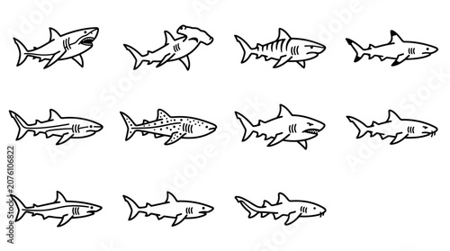 Black and white shark drawings swimming.